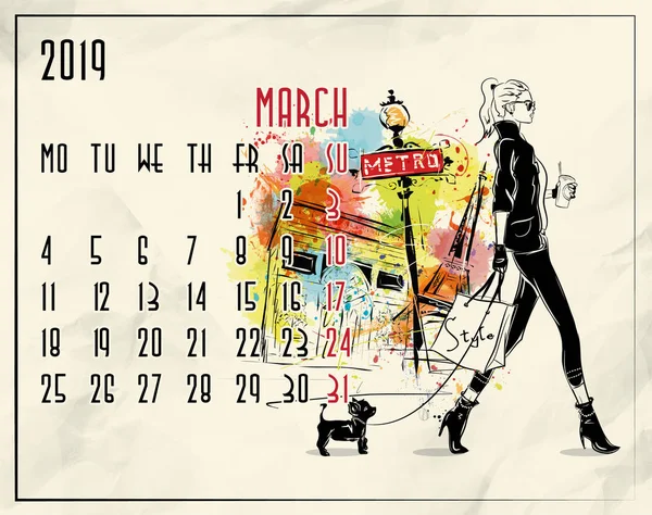Março. 2019 calendário europeu com menina da moda — Fotografia de Stock