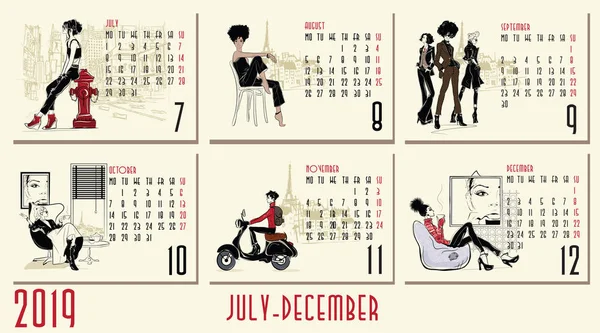 Vektor 2019 novoroční kalendáře s módy žen — Stockový vektor