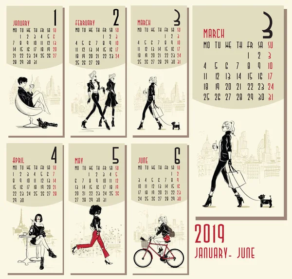 Vektor 2019 novoroční kalendáře s módy žen — Stockový vektor