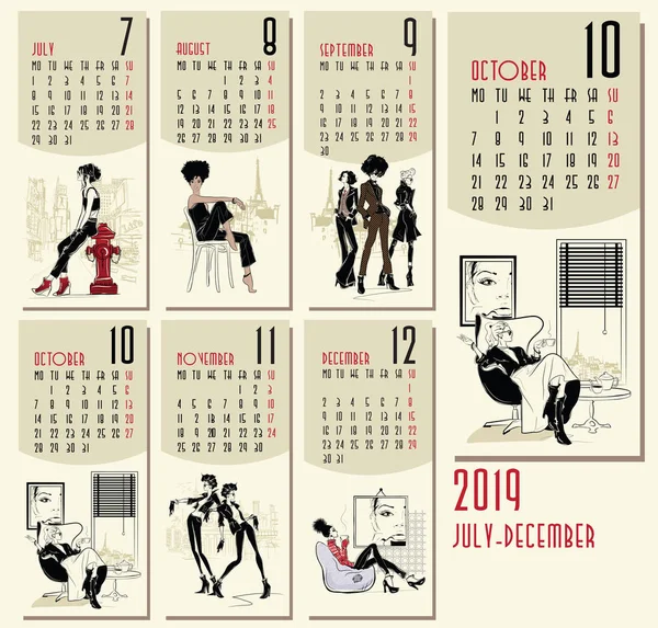 Vetor de 2019 calendário de ano novo com mulheres da moda — Vetor de Stock