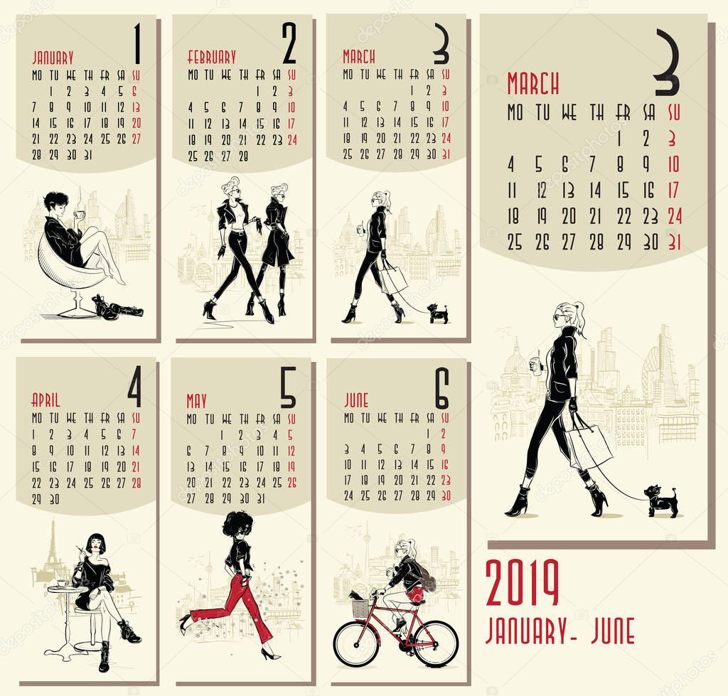 Vector of 2019 new year calendar with fashion women