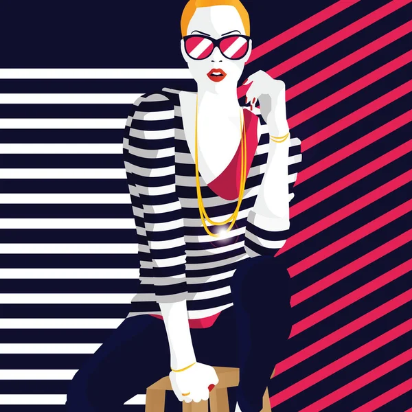 Fashion woman in style pop art. Ilustrasi bergaya - Stok Vektor