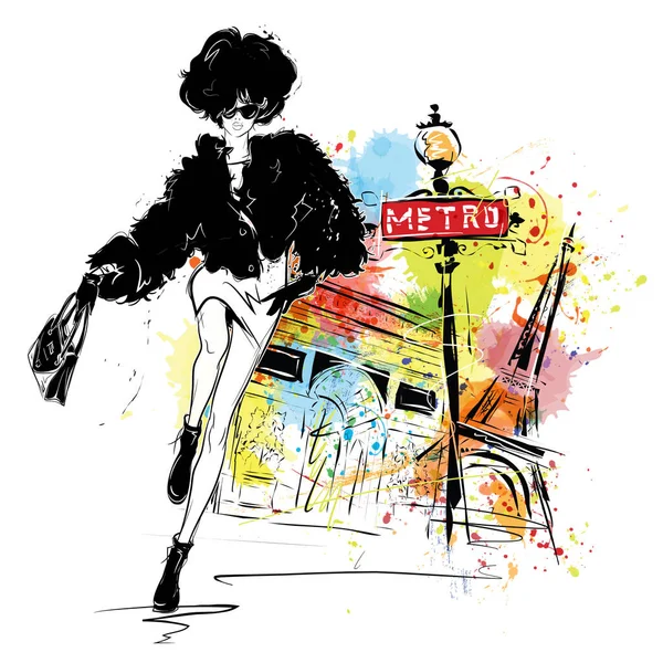 Beyaz zemin üzerine Paris'te kroki tarzı kız moda — Stok fotoğraf