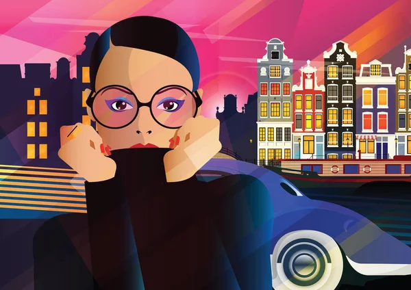 Fashion woman in style pop art in Amsterdam. — Stock Vector