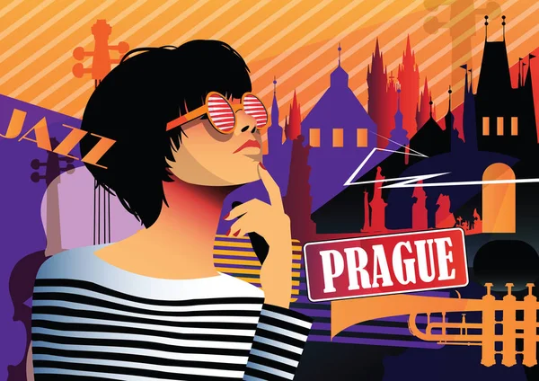 Mulher de moda em estilo pop art em Praga . —  Vetores de Stock