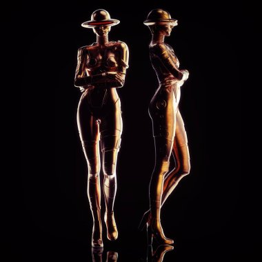 Siyah arka plan üzerinde iki moda robotlar.