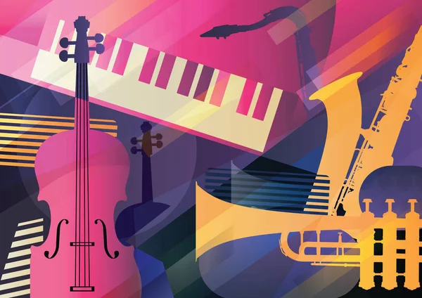 Abstrato Jazz Arte, Instrumentos musicais, trompete, contrabando, saxofone e piano . — Vetor de Stock