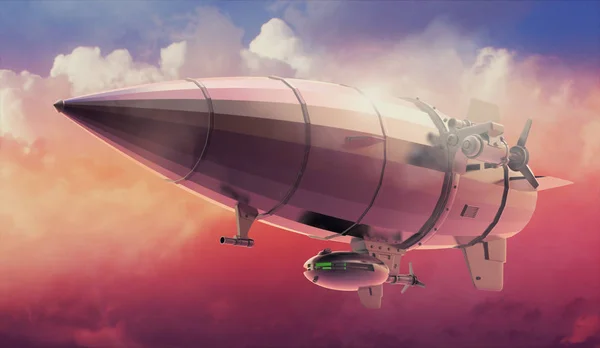Klasik hava gemisi Zeppelin. Gökyüzünde. 3d illüstrasyon — Stok fotoğraf