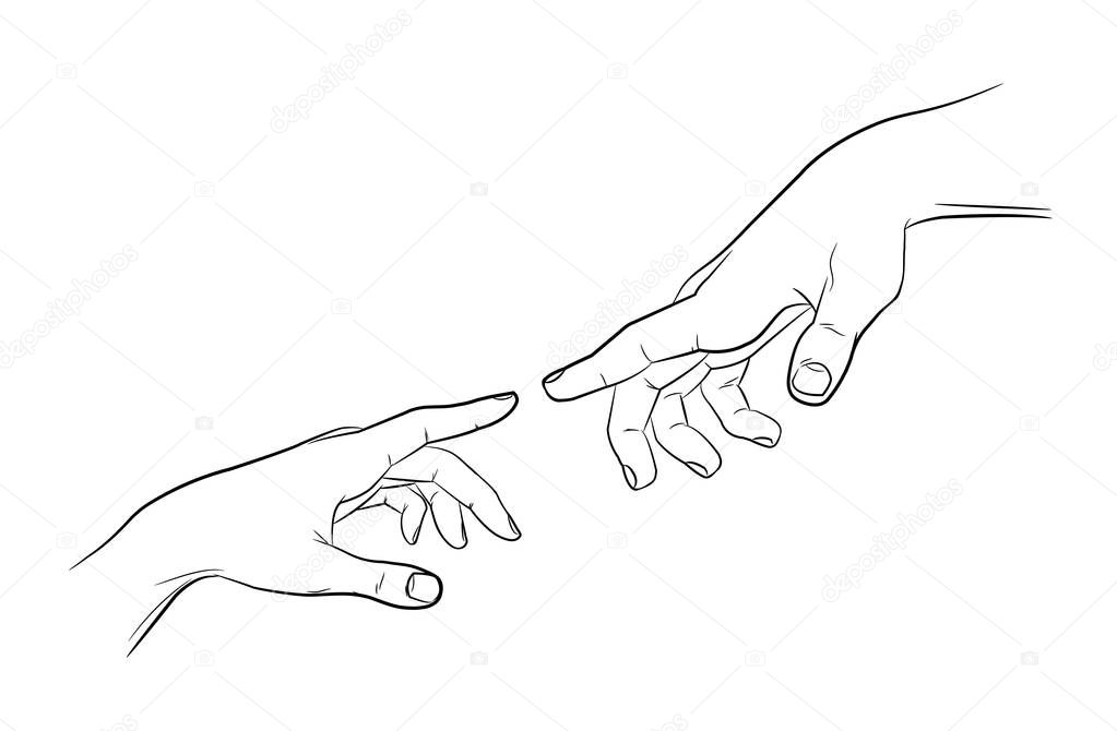 Sketch touching hands. Black and white. Vector illustration