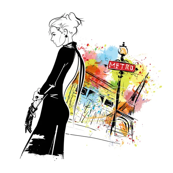 Fashion girls in sketch-style in Paris. Fashion illustration — Stock Photo, Image