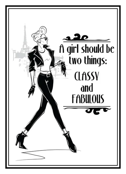 Fashion girl dans le style croquis avec citation à la mode . — Image vectorielle