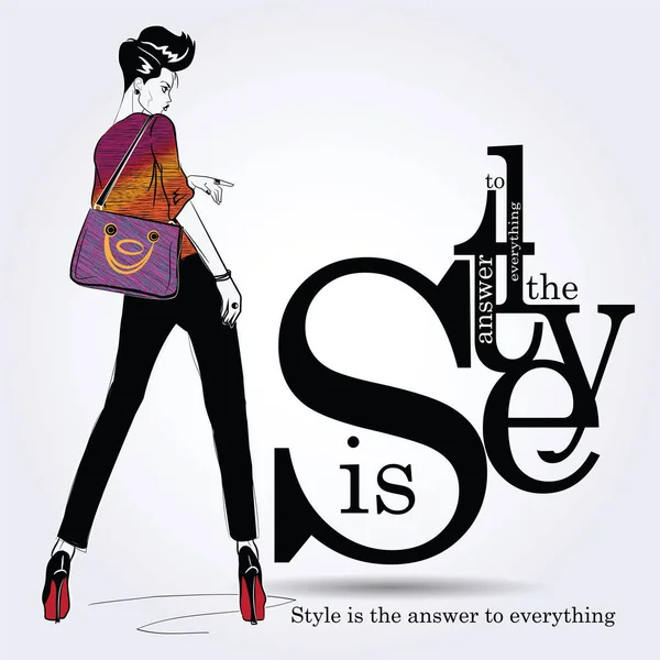 Fashion girl in sketch-style with fashionable quote. — Stock Vector