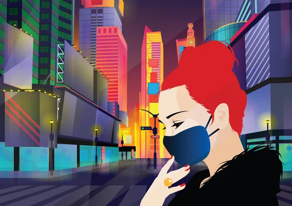 Kvinnan bär ansiktsmask i storstaden för att förhindra COVID-19 — Stock vektor