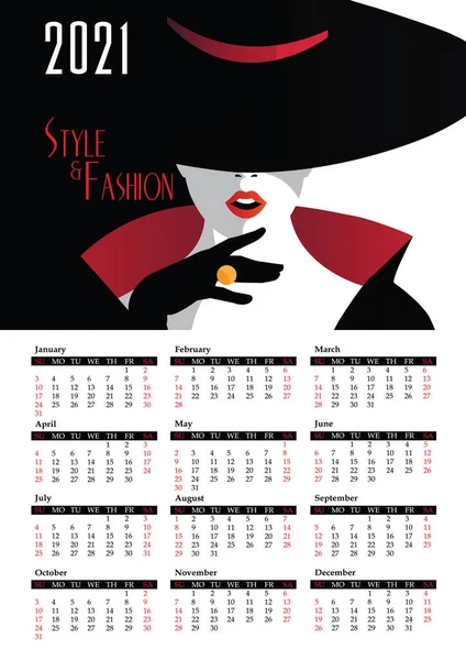 Kalendář 2021 s módní ženou ve stylu Pop art. Vektorová ilustrace — Stockový vektor