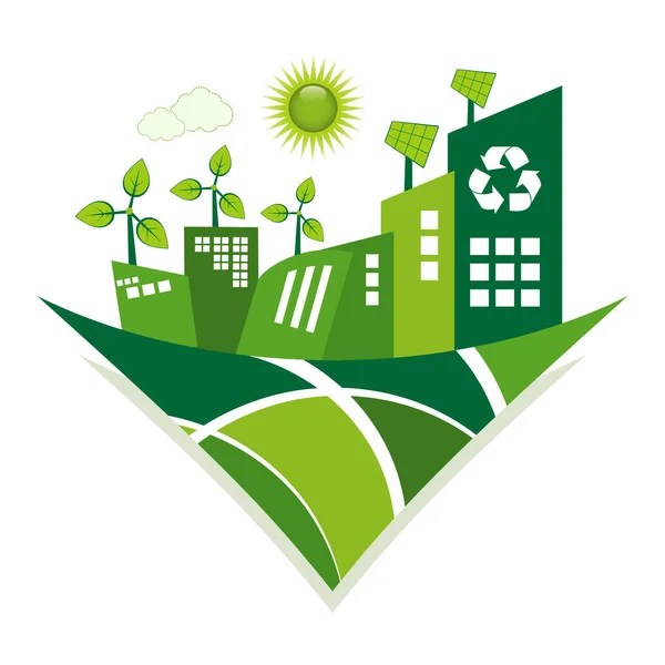 Yeşil Eko Şehir Yaşam Konsepti Güneş Panelleri Rüzgar Çiftlikleri Temiz — Stok Vektör