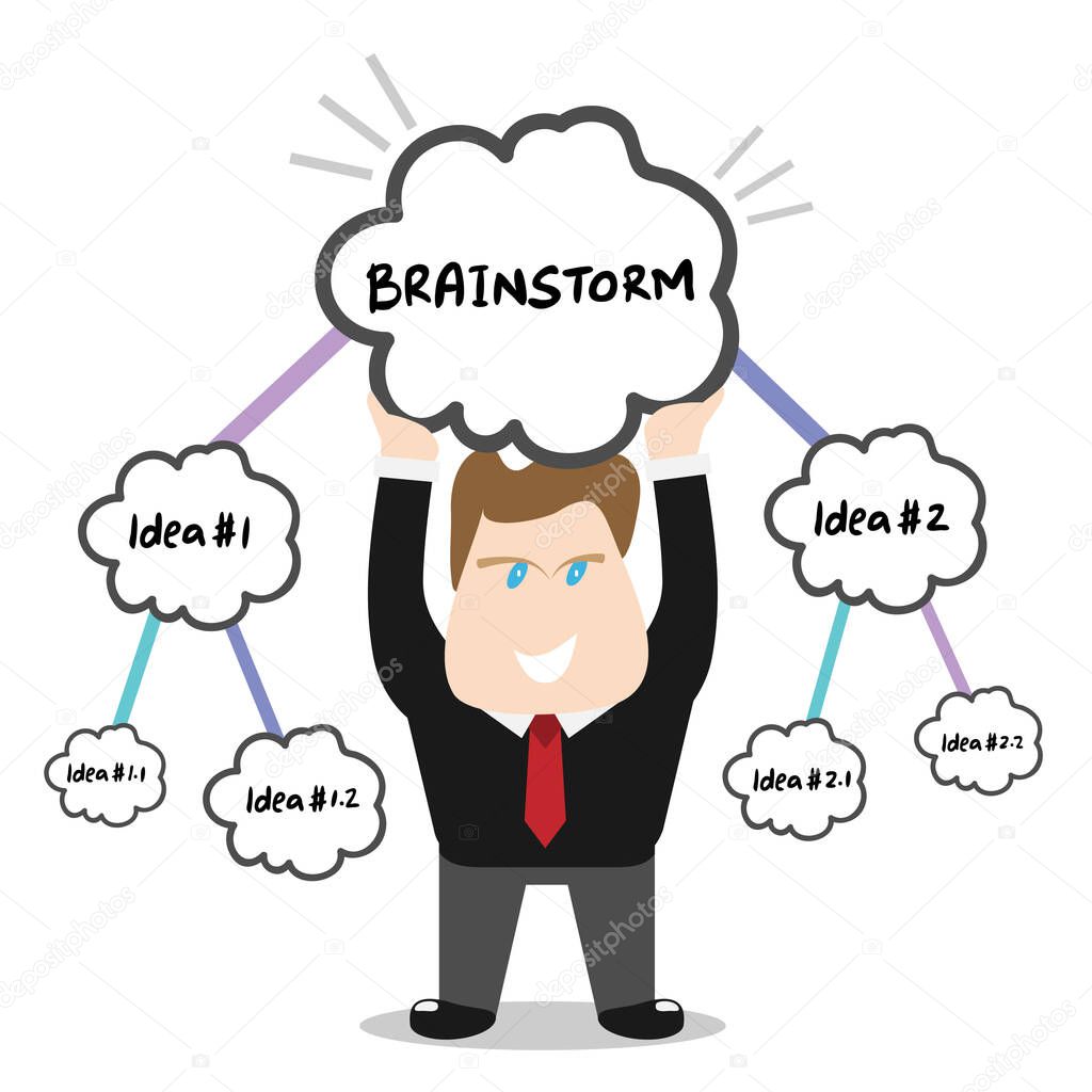 Businessman holding a brainstorm thought bubble with multiple ideas. Handwritten fonts are of my own handwriting.