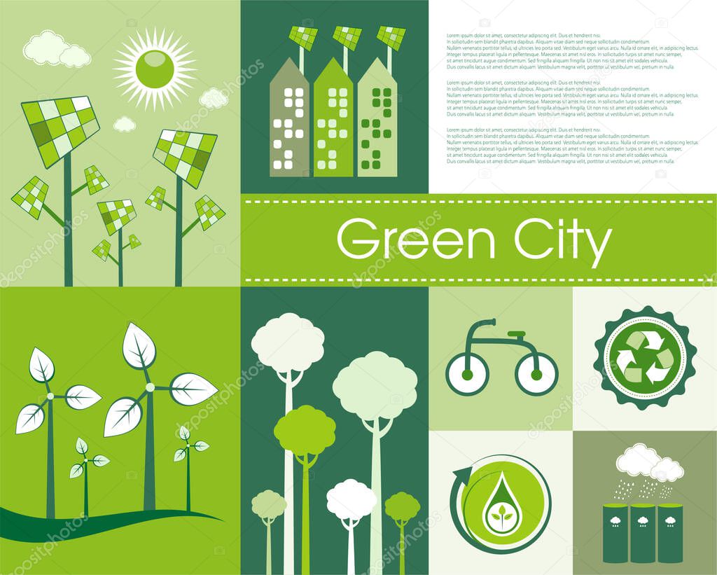 Green Eco-City living concept in tiled layout format with copy space for your own text.
