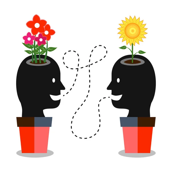 前向きなコミュニケーションは精神的な健康のために良いです 2人の漫画の頭が互いに話しています 花は幸せや創造的な心を象徴します 鍋の頭は成長を象徴する — ストックベクタ