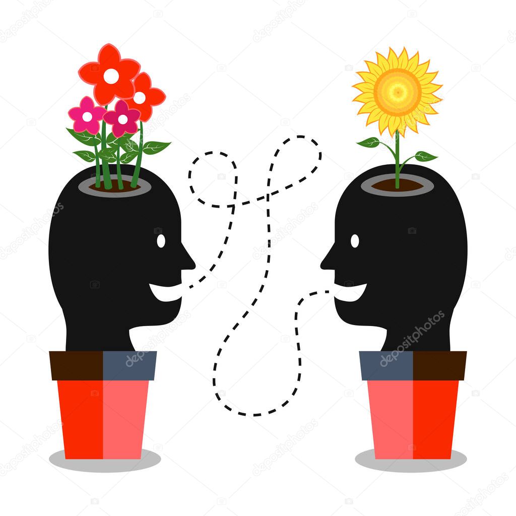 Positive communication is good for mental wellbeing. Two cartoon heads talking with one another. The flowers symbolize happy or creative minds. The head in the pot symbolizes growth.