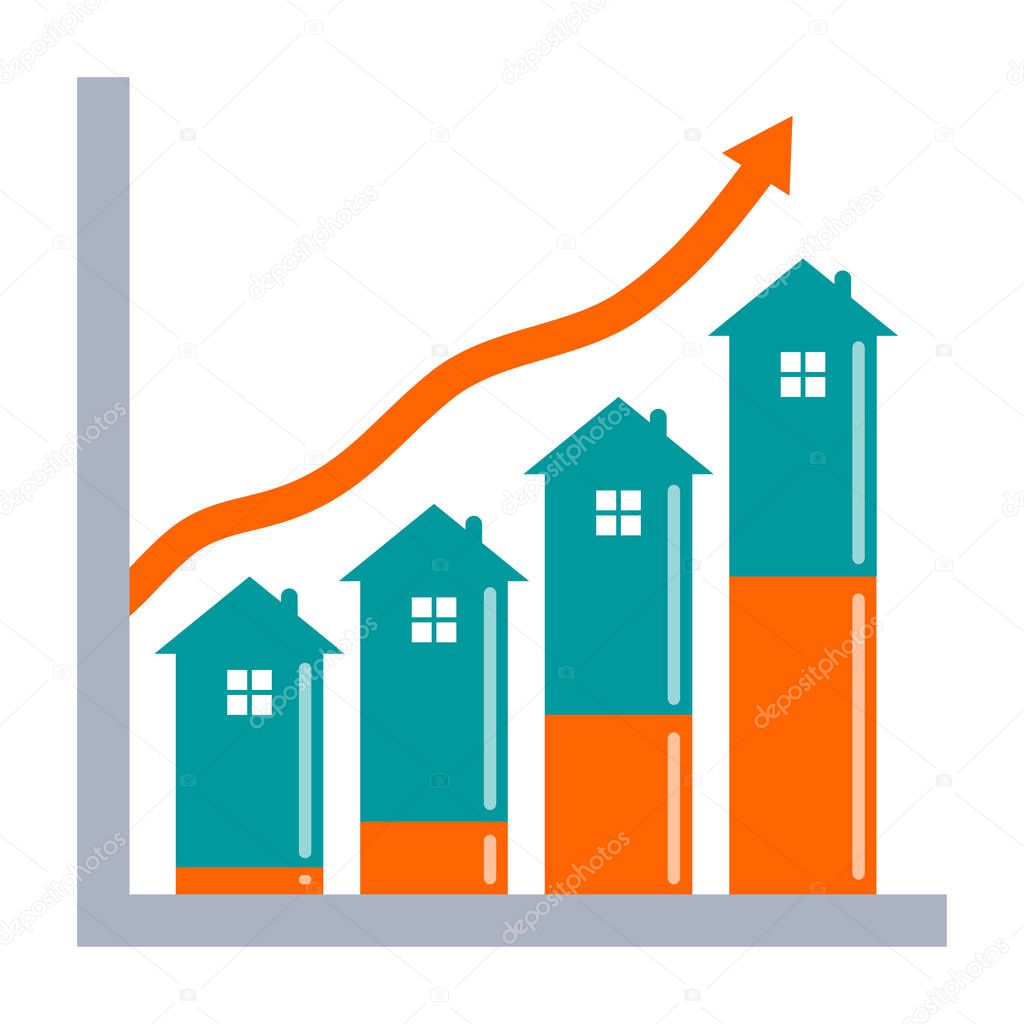 Real estate investment growth concept. Graph showing growth in house value with equity growth indicator.