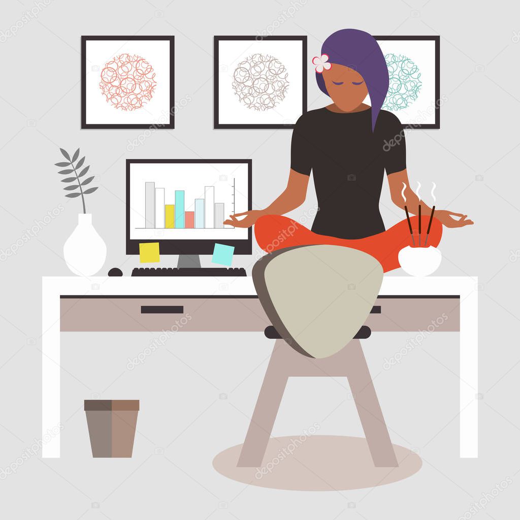 Remember to take regular breaks from work. A female worker practicing mindfulness meditation on the office desk.