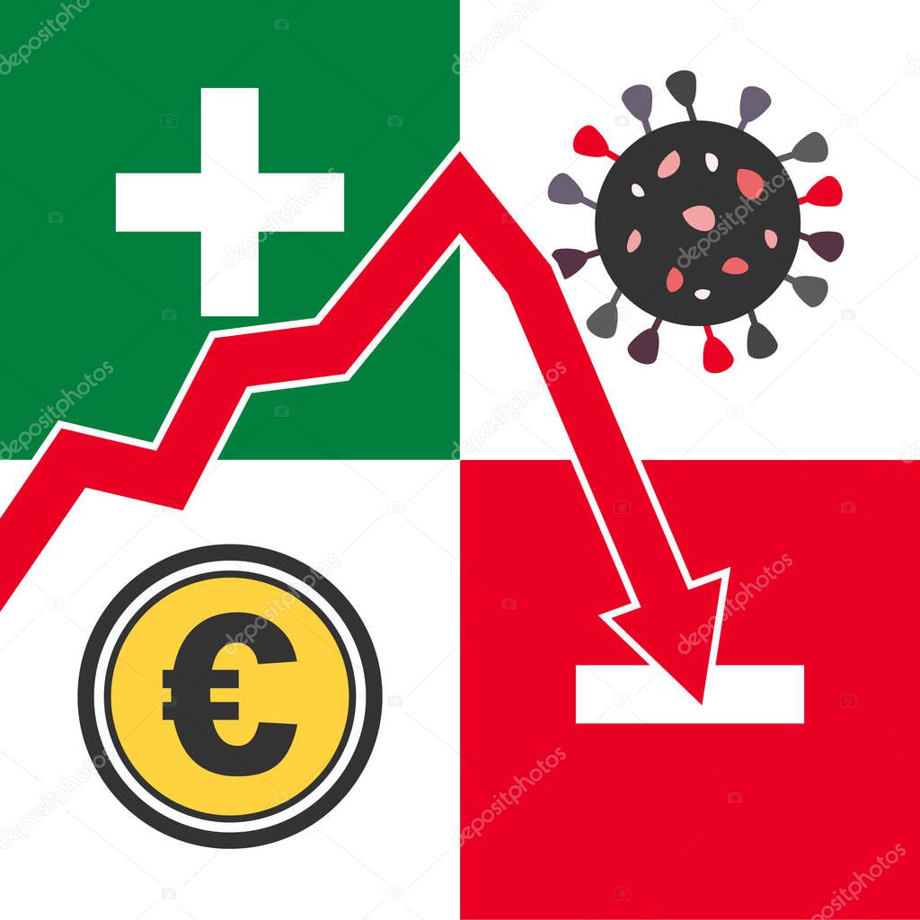 The falling value of the Euro currency. Concept of the impact of Covid-19 pandemic on the business and finance sectors.
