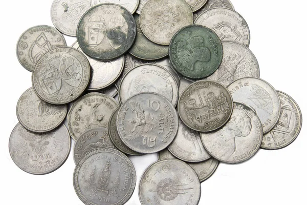 Staré Thajské Mince Bílém Pozadí — Stock fotografie