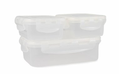 Beyaz arka planda izole edilmiş beyaz plastik kap, vakum kutusu