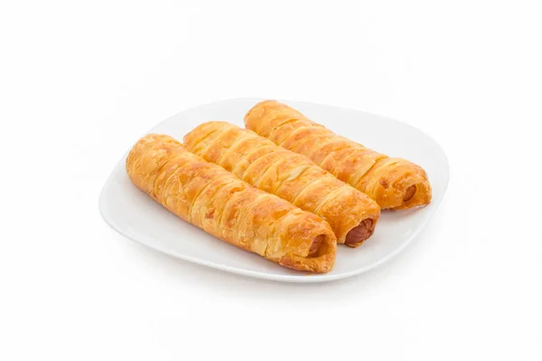 Croissant Hot Dog Roll Talerzu Izolowane Białym Tle — Zdjęcie stockowe