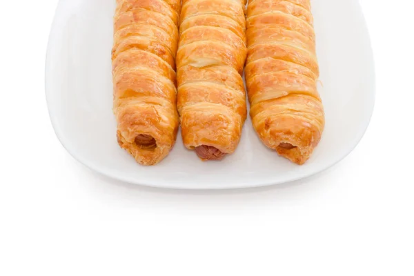 Croissant Hot Dog Roll Talerzu Izolowane Białym Tle — Zdjęcie stockowe