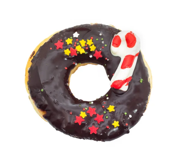 Donut Chocolate Com Vermelho Estrelas Amarelas Isoladas Fundo Branco — Fotografia de Stock