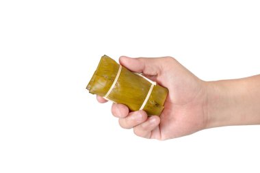 Muzlu buharda pişirilmiş pilav, Khao Tom Mad, Tayland tatlısı, izole edilmiş