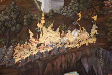 BANGKOK, THAILAND - 25 Ocak 2015 'te Wat Phra Kaew' deki Ramayana duvar resimleri