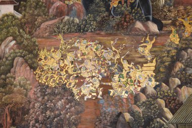 BANGKOK, THAILAND - 25 Ocak 2015 'te Wat Phra Kaew' deki Ramayana duvar resimleri