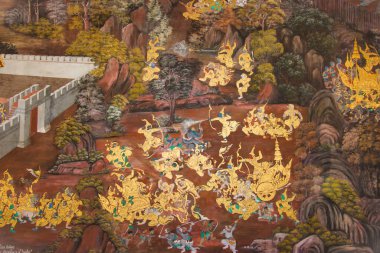BANGKOK, THAILAND - 25 Ocak 2015 'te Wat Phra Kaew' deki Ramayana duvar resimleri