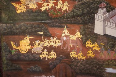 BANGKOK, THAILAND - 25 Ocak 2015 'te Wat Phra Kaew' deki Ramayana duvar resimleri
