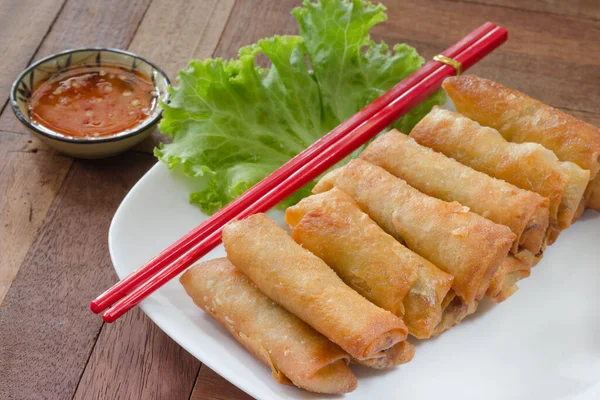 Fried Spring Rolls Food Wood Background — Stock Photo, Image