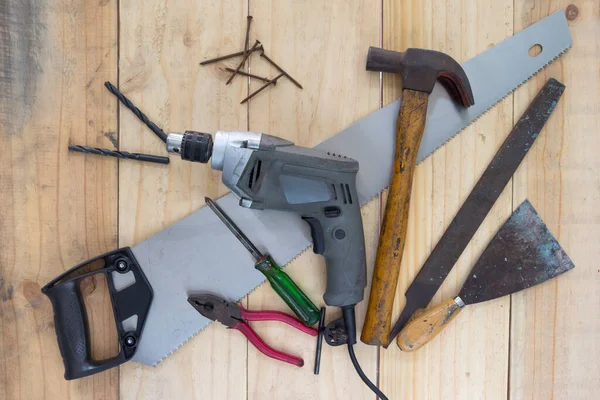 Herramientas Trabajo Surtidas Sobre Fondo Madera — Foto de Stock