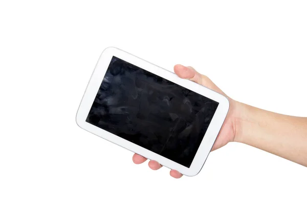 Hand Holding White Tablet Computer Fingerprint Dirty Screen — Stock Photo, Image