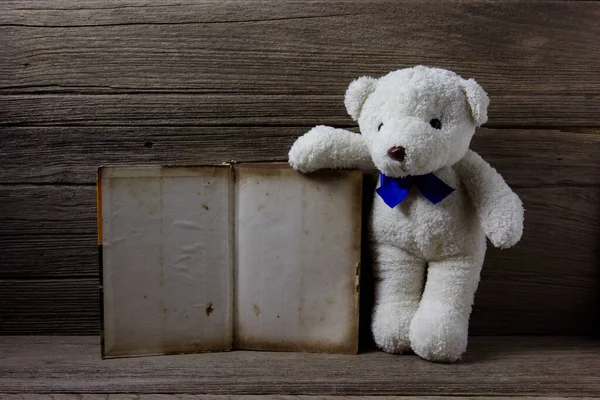 Urso Pelúcia Com Livro Velho Sobre Fundo Madeira Ainda Vida — Fotografia de Stock
