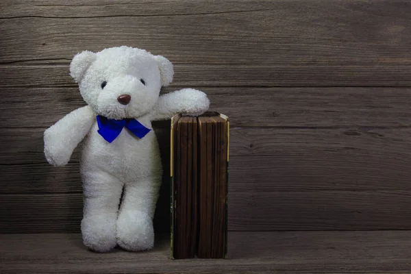 Urso Pelúcia Com Livro Velho Sobre Fundo Madeira Ainda Vida — Fotografia de Stock