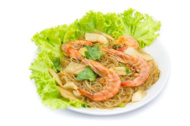 Arka planda karides vermicelli Tayland yemeği