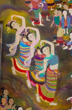 NAN, THAILAND - 31 Aralık 2015: Tayland 'ın Nan ilindeki Ming Mueang tapınağında Tayland' daki günlük yaşam sahnesini resmeden antik duvar resmi