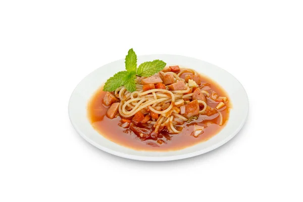 Pâtes Spaghetti Avec Saucisse Sur Fond Noir Chemin Coupe — Photo