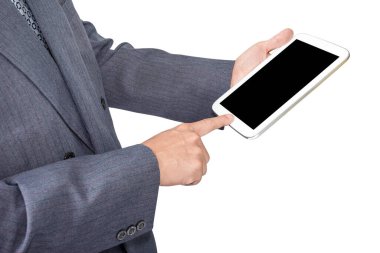 Beyaz arkaplanda beyaz tablet bilgisayarı var.