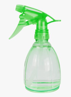 Beyaz arka planda izole edilmiş yeşil plastik sprey şişesi, kırpma yolu