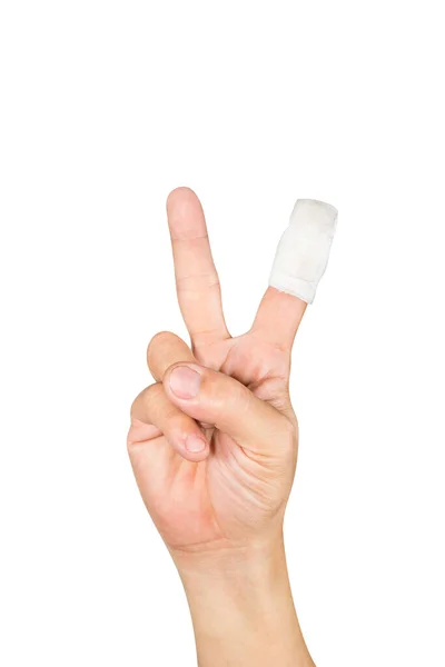 Hand Showing Sign Victory Bandage Isolated White Background Clipping Path — Stock Photo, Image