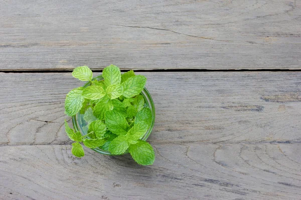 Mint Mangkuk Kaca Transparan Latar Belakang Kayu — Stok Foto