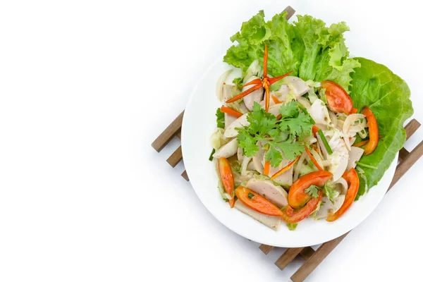 Ensalada Cerdo Picante Cocina Tailandesa Sobre Fondo Blanco Yum Moo —  Fotos de Stock