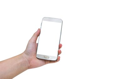 Cep telefonu kullanan kadın beyaz arkaplanda izole edilmiş, kırpma yolu